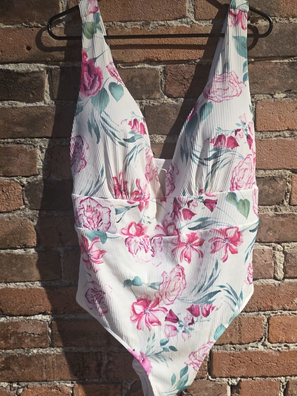 White Floral One-Piece Swimsuit with Pink & Teal Print